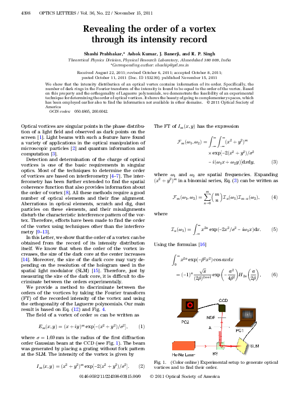 (PDF) Revealing the order of a vortex through its intensity record