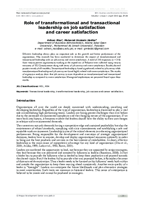 (PDF) Role of transformational and transactional leadership on job ...