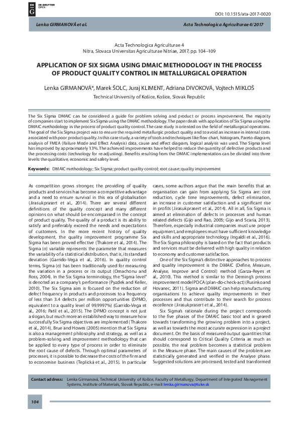(PDF) Application of Six Sigma Using DMAIC Methodology in the Process ...