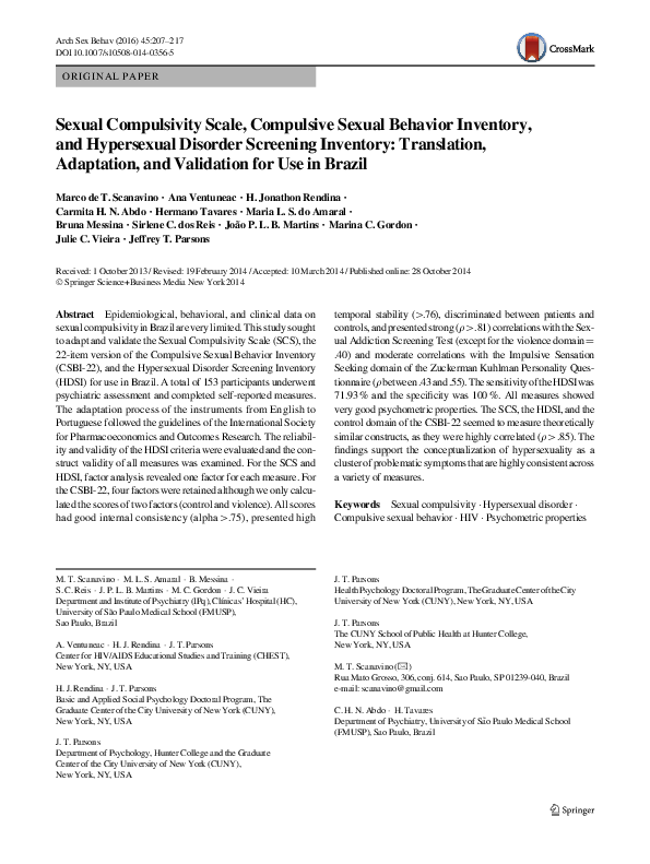 (PDF) Sexual Compulsivity Scale, Compulsive Sexual Behavior Inventory ...