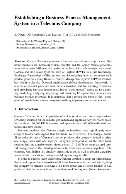 (PDF) Establishing a Business Process Management System in a Telecoms ...
