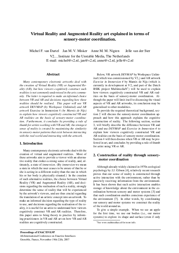 (PDF) Virtual Reality and Augmented Reality art explained in terms of ...