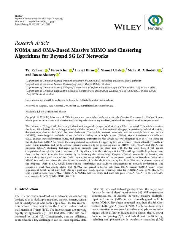 (PDF) NOMA and OMA-Based Massive MIMO and Clustering Algorithms for ...
