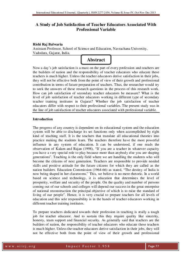 (PDF) A Study of Job Satisfaction of Teacher Educators Associated With ...