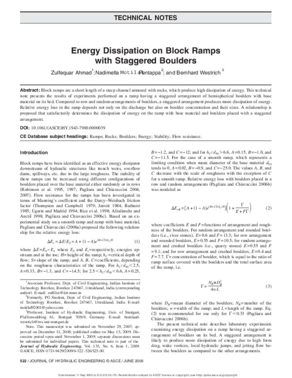 (PDF) Energy Dissipation on Block Ramps with Staggered Boulders