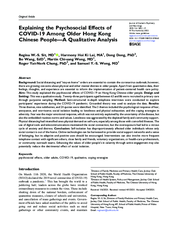 (PDF) Explaining the Psychosocial Effects of COVID-19 Among Older Hong ...