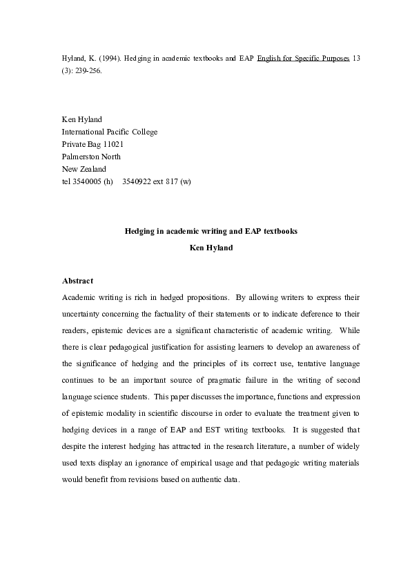 (DOC) Hedging in Academic Writing and EAP Textbooks Ken Hyland