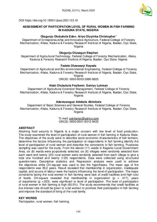 (PDF) Assessment of Participation Level of Rural Women in Fish Farming ...