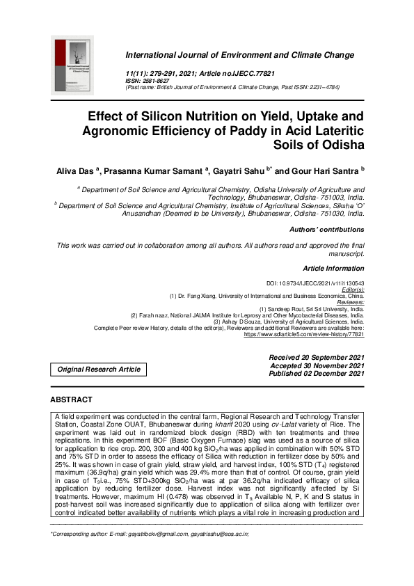 (PDF) Effect of Silicon Nutrition on Yield, Uptake and Agronomic ...