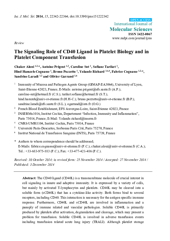 (PDF) The signaling role of CD40 ligand in platelet biology and in ...