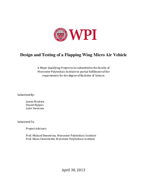 (PDF) Design and Testing of a Flapping Wing Micro Air Vehicle