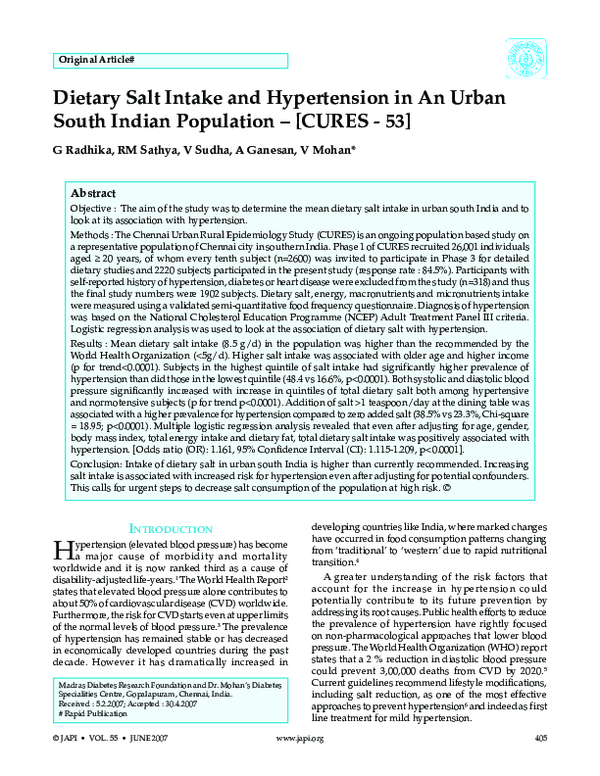 (PDF) Dietary salt intake and hypertension in an urban south Indian ...