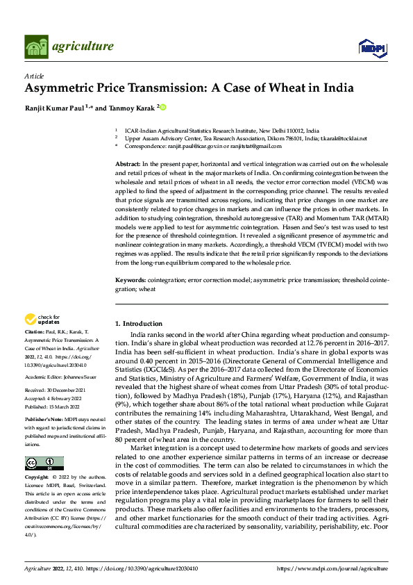 (PDF) Asymmetric Price Transmission: A Case of Wheat in India