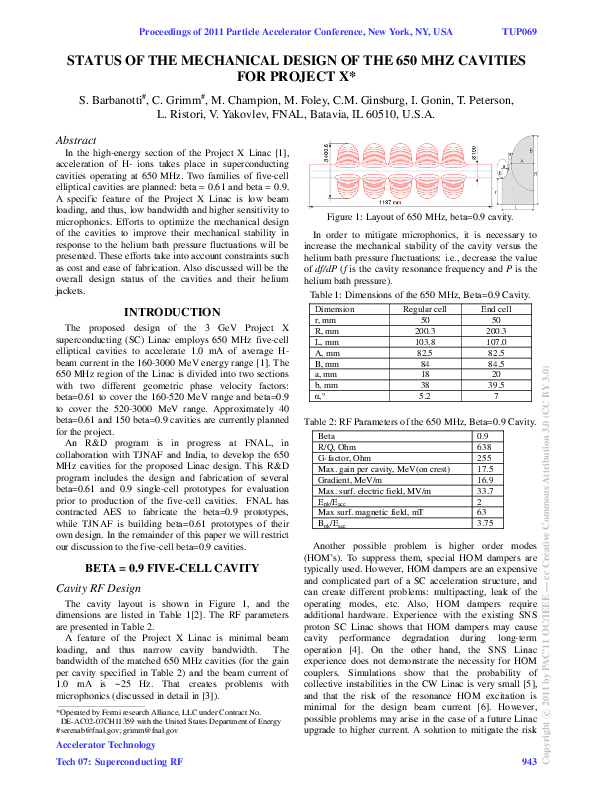 (PDF) Status of the Mechanical Design of the 650 MHz Cavities for Project X