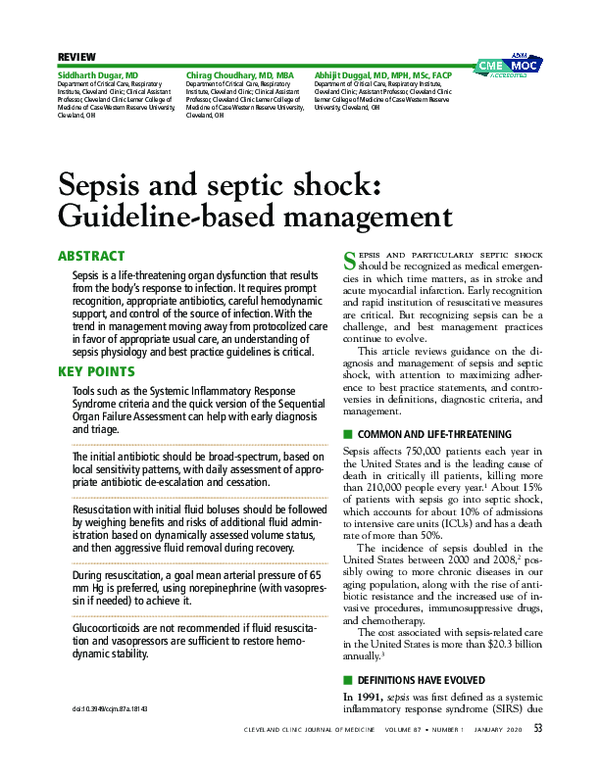 (PDF) Sepsis and septic shock Guidelinebased management chirag