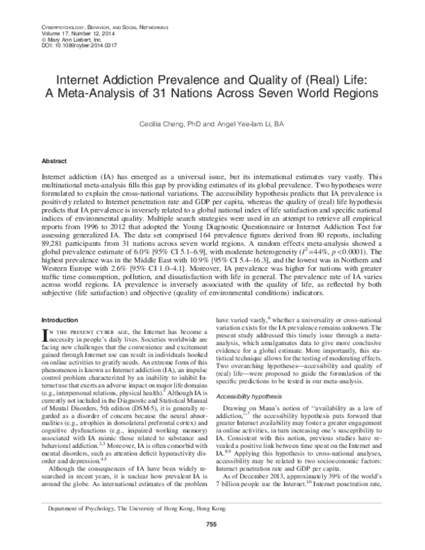 (PDF) Internet Addiction Prevalence and Quality of (Real) Life: A Meta ...