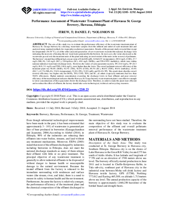 (PDF) Performance assessment of wastewater treatment plant of Hawassa St. Brewery
