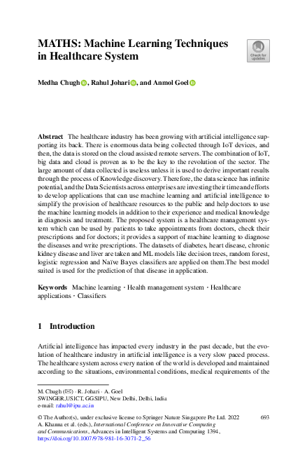 (PDF) MATHS: Machine Learning Techniques in Healthcare System