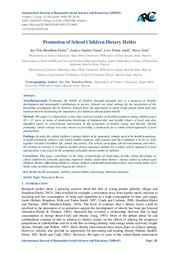 (PDF) Promotion of School Children Dietary Habits