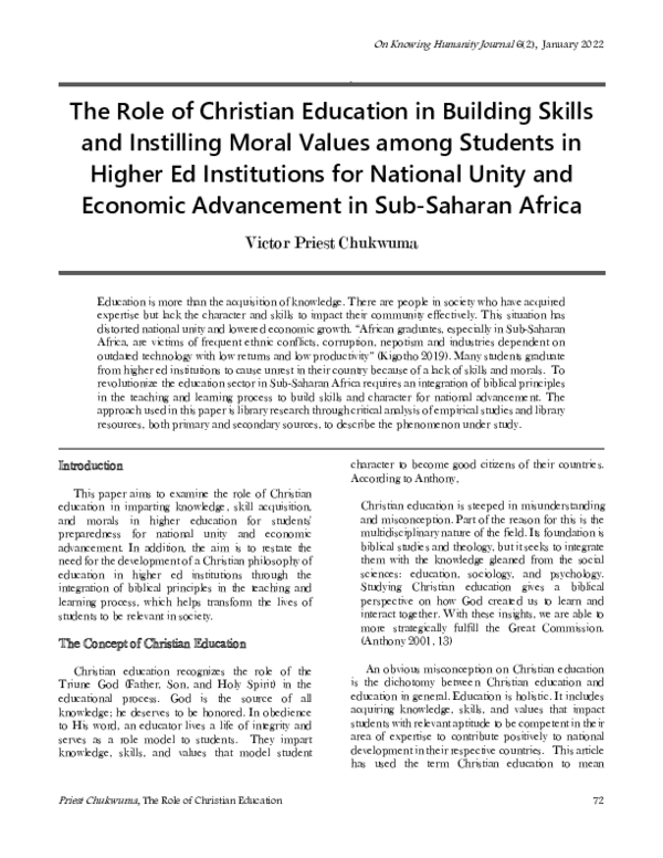 (PDF) The Role of Christian Education in Building Skills and Instilling ...
