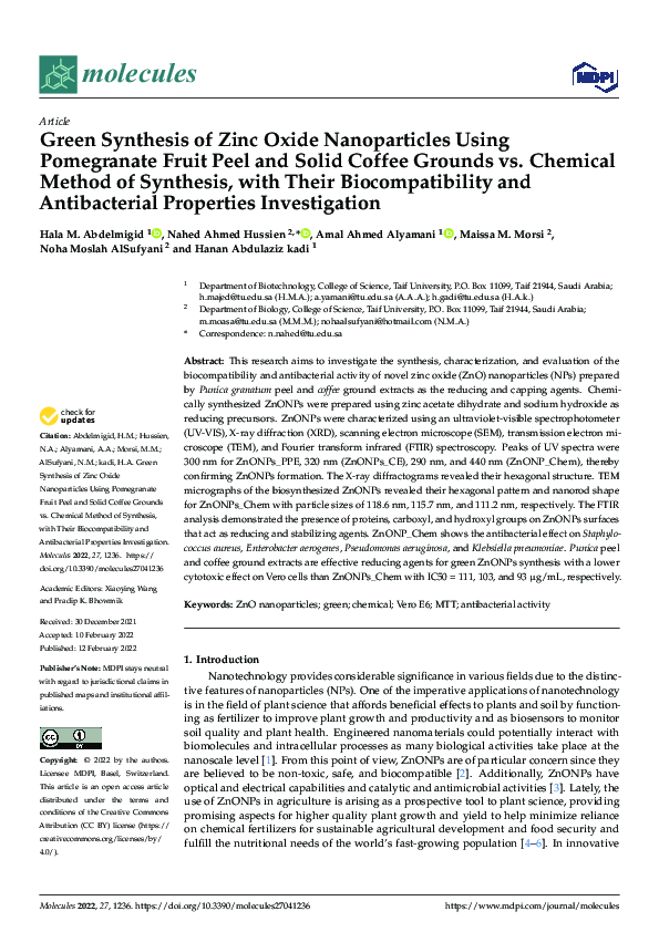 (PDF) Green Synthesis of Zinc Oxide Nanoparticles Using Pomegranate ...