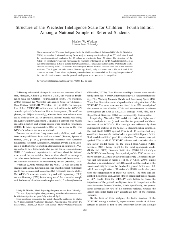 (PDF) Structure of the Wechsler Intelligence Scale for Children—Fourth ...