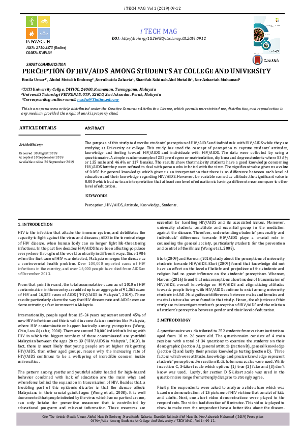 (PDF) Perception of Hiv/Aids Among Students at College and University