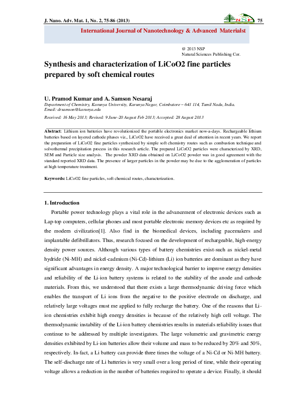 (PDF) Synthesis and characterization of LiCoO2 fine particles prepared ...