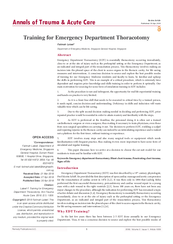 (PDF) Training for Emergency Department Thoracotomy