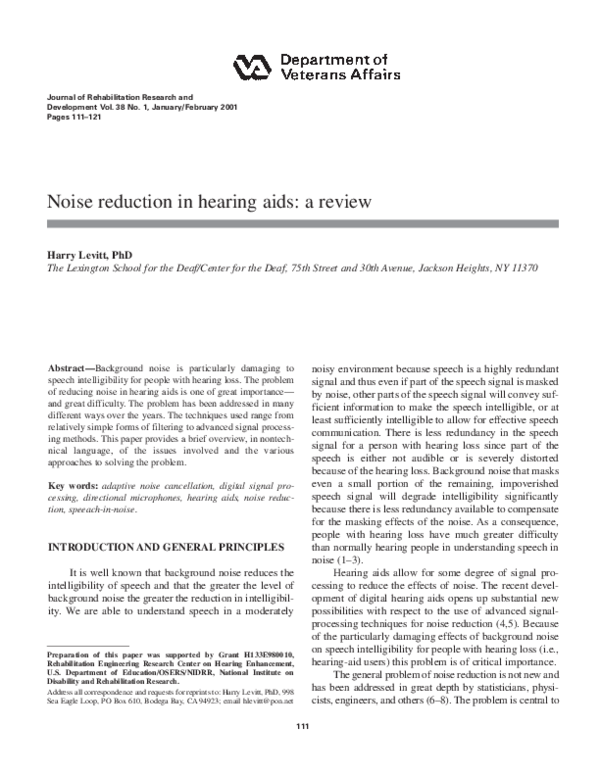 (PDF) Noise reduction in hearing aids: a review