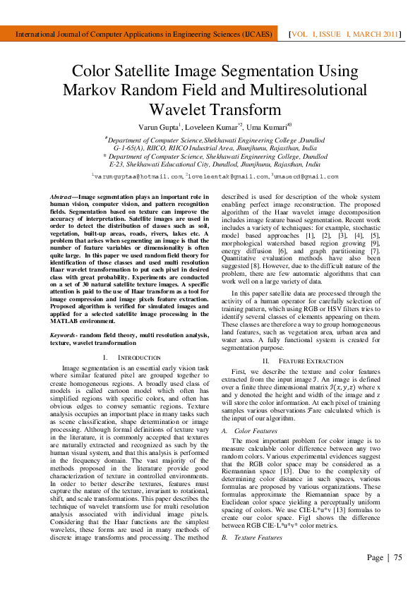 (PDF) Color Satellite Image Segmentation Using Markov Random Field and ...