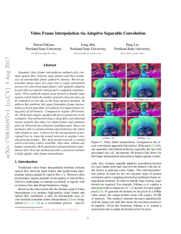 (PDF) Video Frame Interpolation via Adaptive Separable Convolution