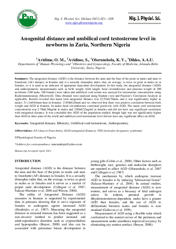 (PDF) Anogenital distance and umbilical cord testosterone level in ...