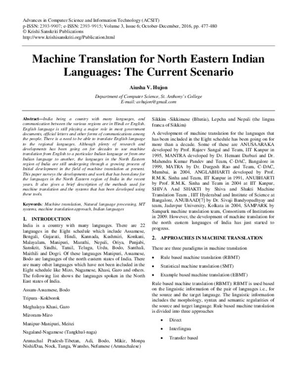 (PDF) Machine Translation for North Eastern Indian Languages: The ...