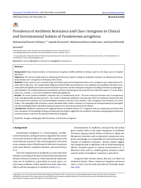 (PDF) Prevalence of Antibiotic Resistance and Class 1 Integrons in ...
