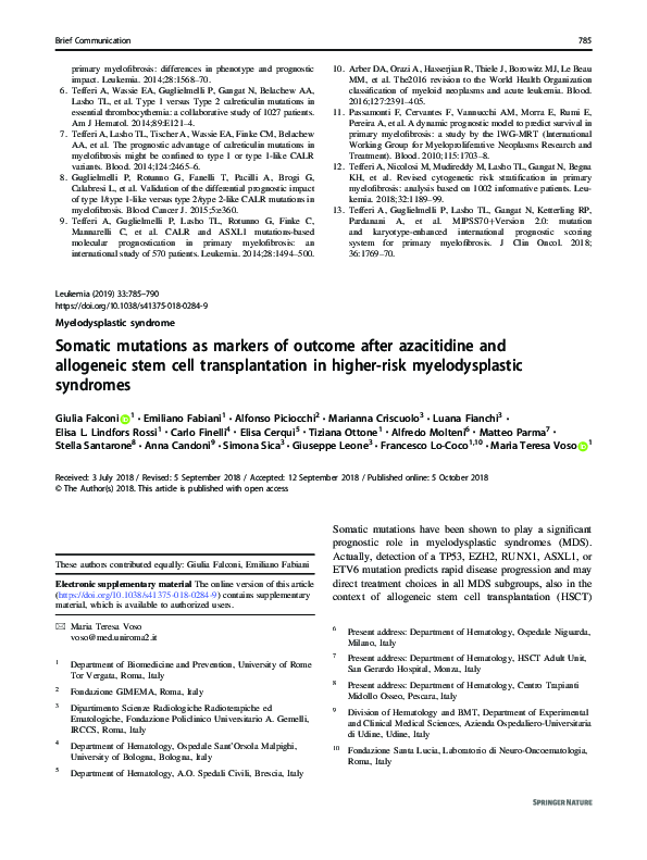 (PDF) Somatic mutations as markers of outcome after azacitidine and ...