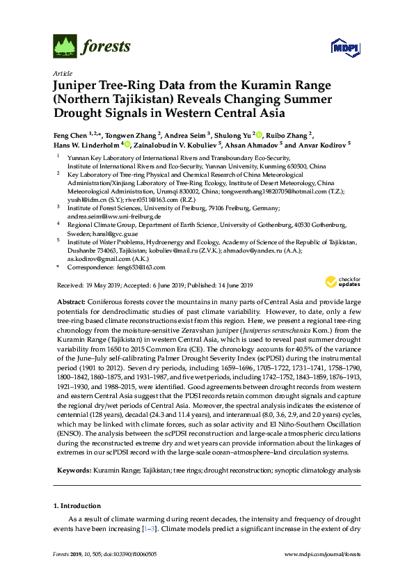 Juniper Tree-Ring Data from the Kuramin Range (Northern Tajikistan) Reveals Changing Summer Drought Signals in Western Central Asia