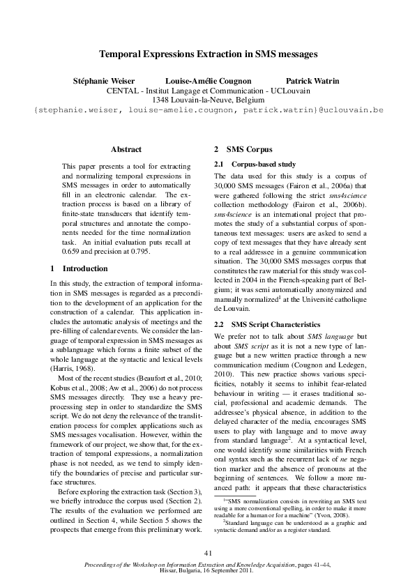 (PDF) Temporal Expressions Extraction in SMS messages