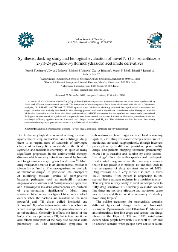 (PDF) Synthesis, docking study and biological evaluation of novel N-(1 ...