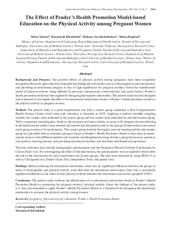 (PDF) The Effect of Pender’s Health Promotion Model-based Education on ...