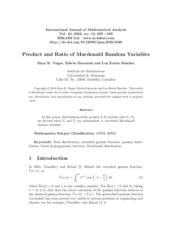(PDF) Product and ratio of Macdonald random variables
