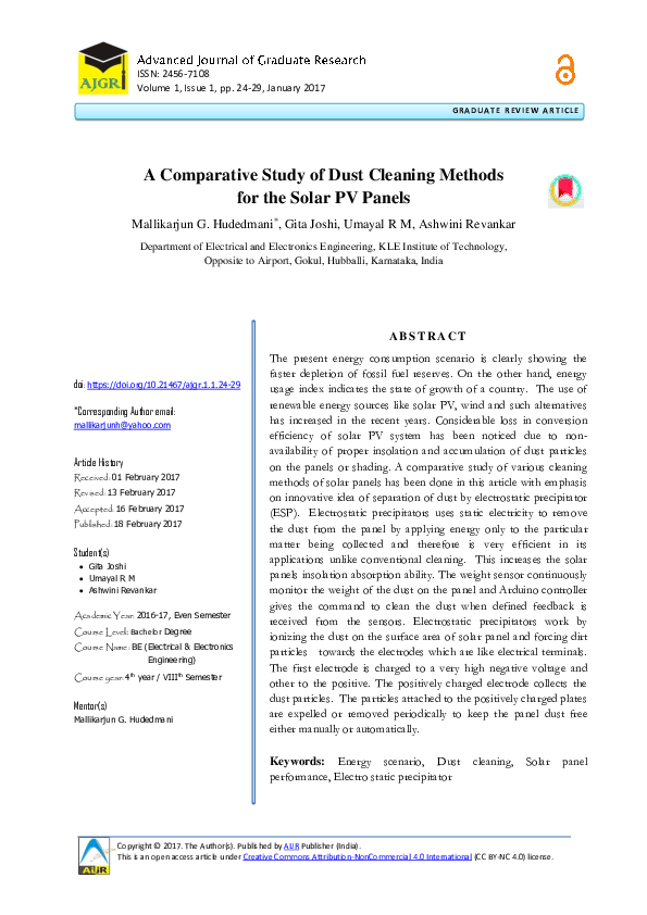 (PDF) A Comparative Study of Dust Cleaning Methods for the Solar PV Panels