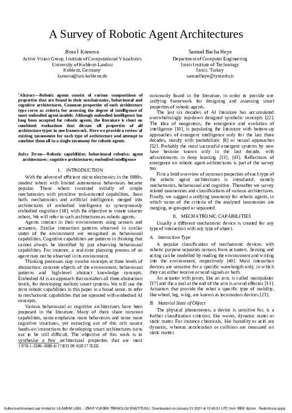 (PDF) A survey of robotic agent architectures