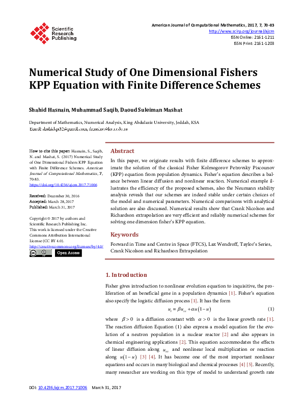(PDF) Numerical Study of One Dimensional Fishers KPP Equation with ...