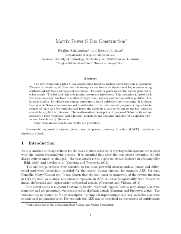 (PDF) Matrix Power S-Box Construction