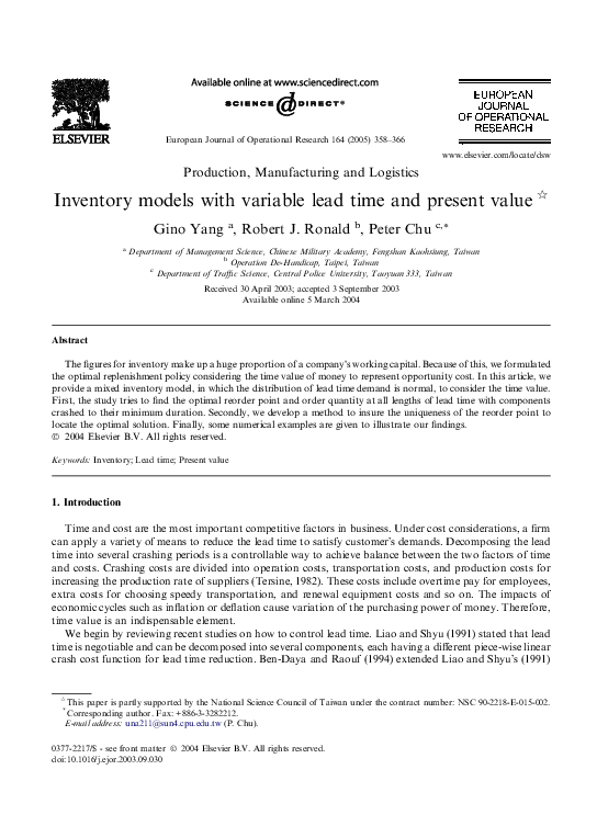 (PDF) Inventory models with variable lead time and present value q