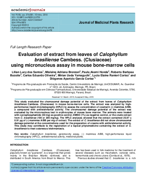 (PDF) Evaluation of extract from leaves of Calophyllum brasiliense ...