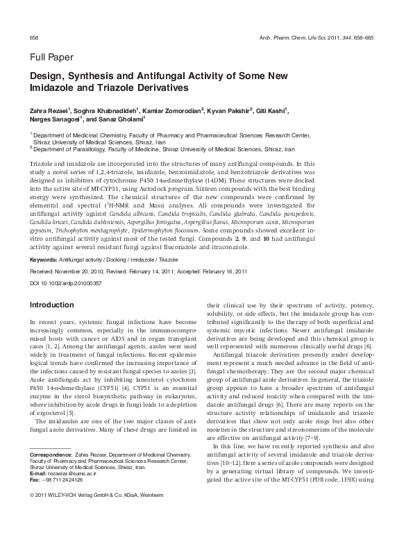 (PDF) Design, Synthesis and Antifungal Activity of Some New Imidazole ...