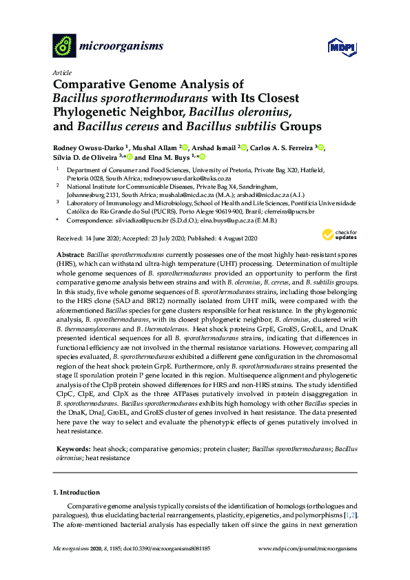 (PDF) Comparative Genome Analysis of Bacillus sporothermodurans with ...