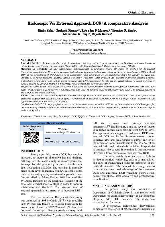 (PDF) Endoscopic V/s External Approach DCR A comparative Analysis